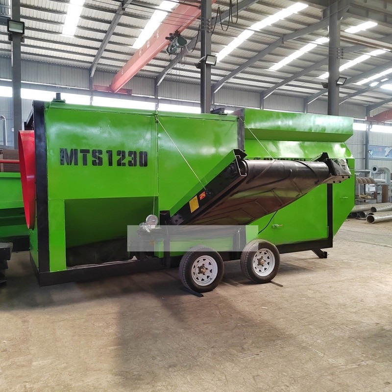 Mobiele composteertrommel scherm met transportband zware zwaartekrachtseparator voor bovengrond